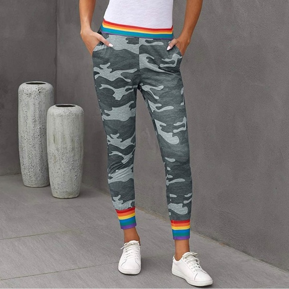 Azokoe Pants - Women Rainbow Stripe Camo Joggers Yoga Pants Drawstring Waist Pants with Pocket